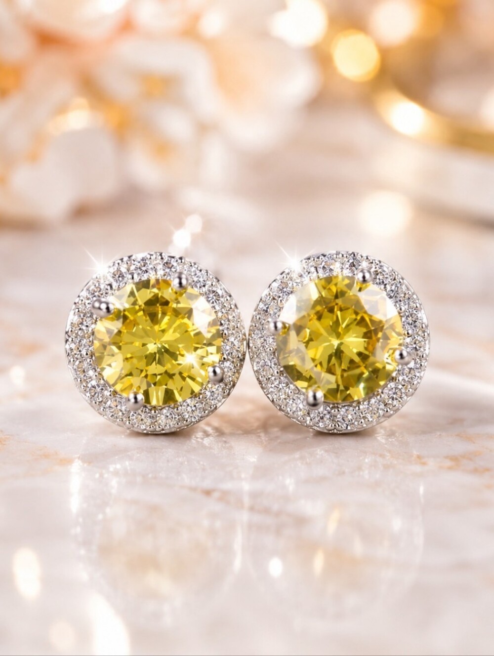 Sterling Silver Yellow Citrine Halo Stud Earrings - Picture 2 of 4
